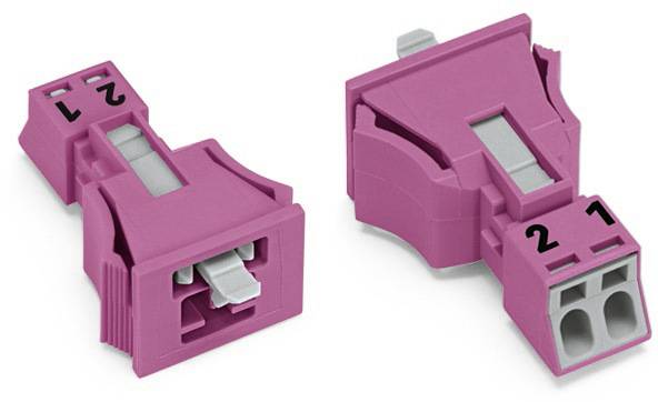 Zwei pinkfarbene Stecker mit Ziffern '2' und '1' sind dargestellt, jeweils mit zwei Ports und grauem Einsatz, zur elektrischen Verbindung.