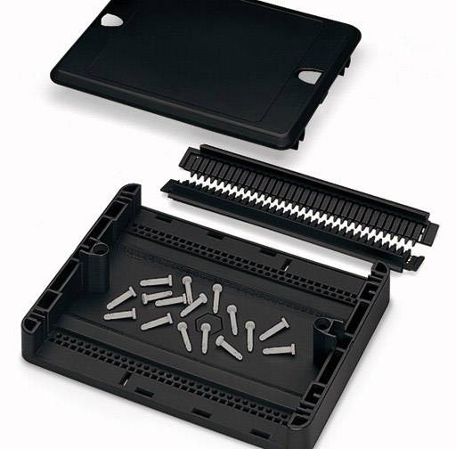 Schwarzes Gehäuse-Set mit abnehmbarem Deckel, Schrauben und Anschlussleiste, geeignet für elektronische Komponentenmontage.