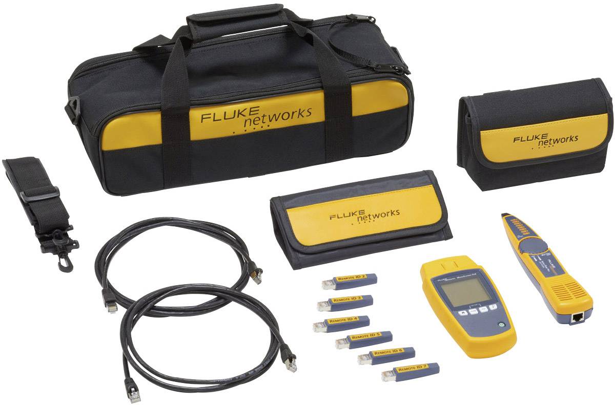 Netzwerktest-Kit bestehend aus Tasche, Kabeln, Tester, Kabelmarkierungen und Zubehör, alles mit 'Fluke Networks' Logo versehen.