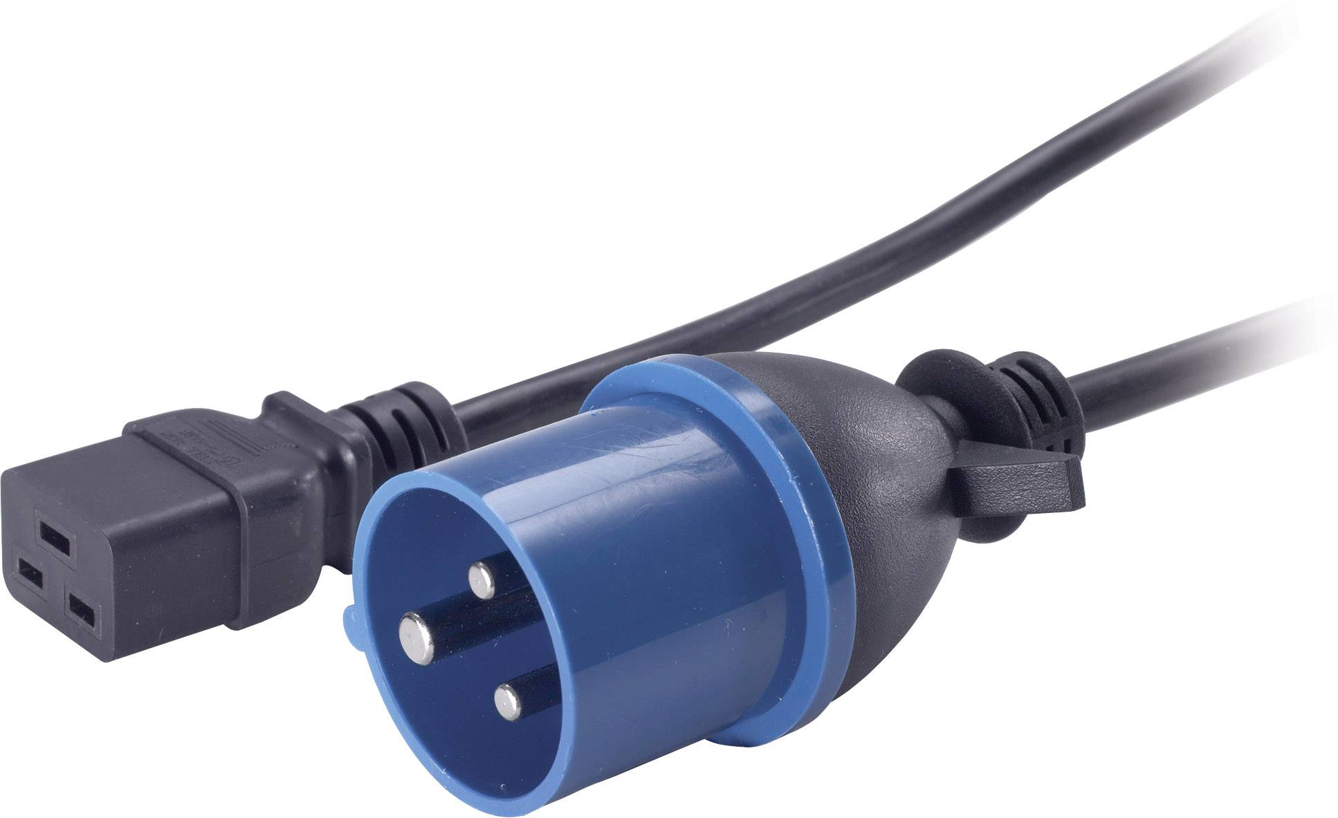 Ein schwarzes Stromkabel mit einem blauen CEE-Stecker und einem schwarzen IEC-Stecker.