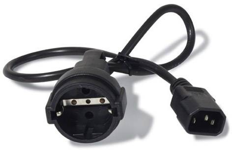 Schwarzes Stromkabel mit einem Schuko-Stecker auf der einen Seite und einem IEC C13-Stecker auf der anderen.