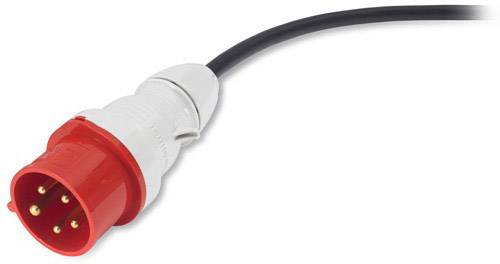 Ein roter Industriestecker mit sechs Metallkontaktstiften an einem schwarzen Kabel. Geeignet für den Einsatz in Hochleistungsanwendungen.