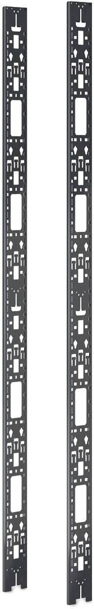 Zwei senkrechte, schwarze Server-Rack-Metallschienen mit Löchern und Montagemöglichkeiten.