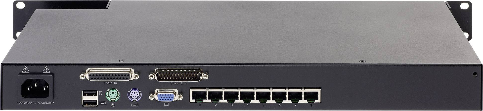Rückseite eines Netzwerkservers mit mehreren Ports, darunter zwei seriellen Anschlüssen, USB-Anschlüssen, VGA- und Ethernet-Ports.