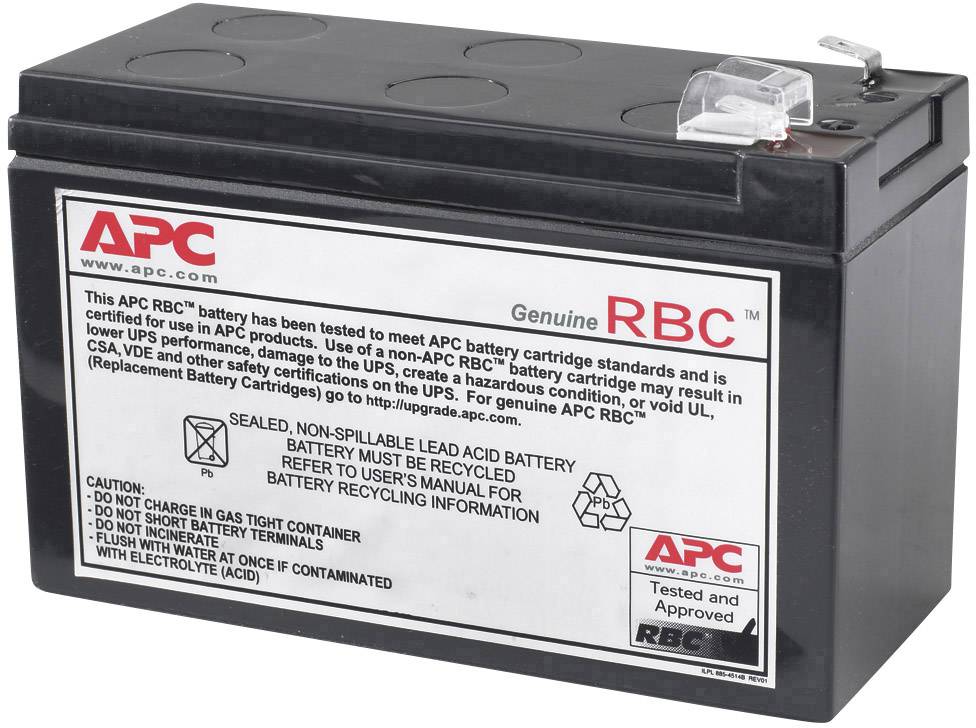 'APC Genuine RBC'-Batterie. Gehäuse mit Warnhinweisen; versiegelt, auslaufsicher. Hinweis: Zum Recycling zurückgeben.
