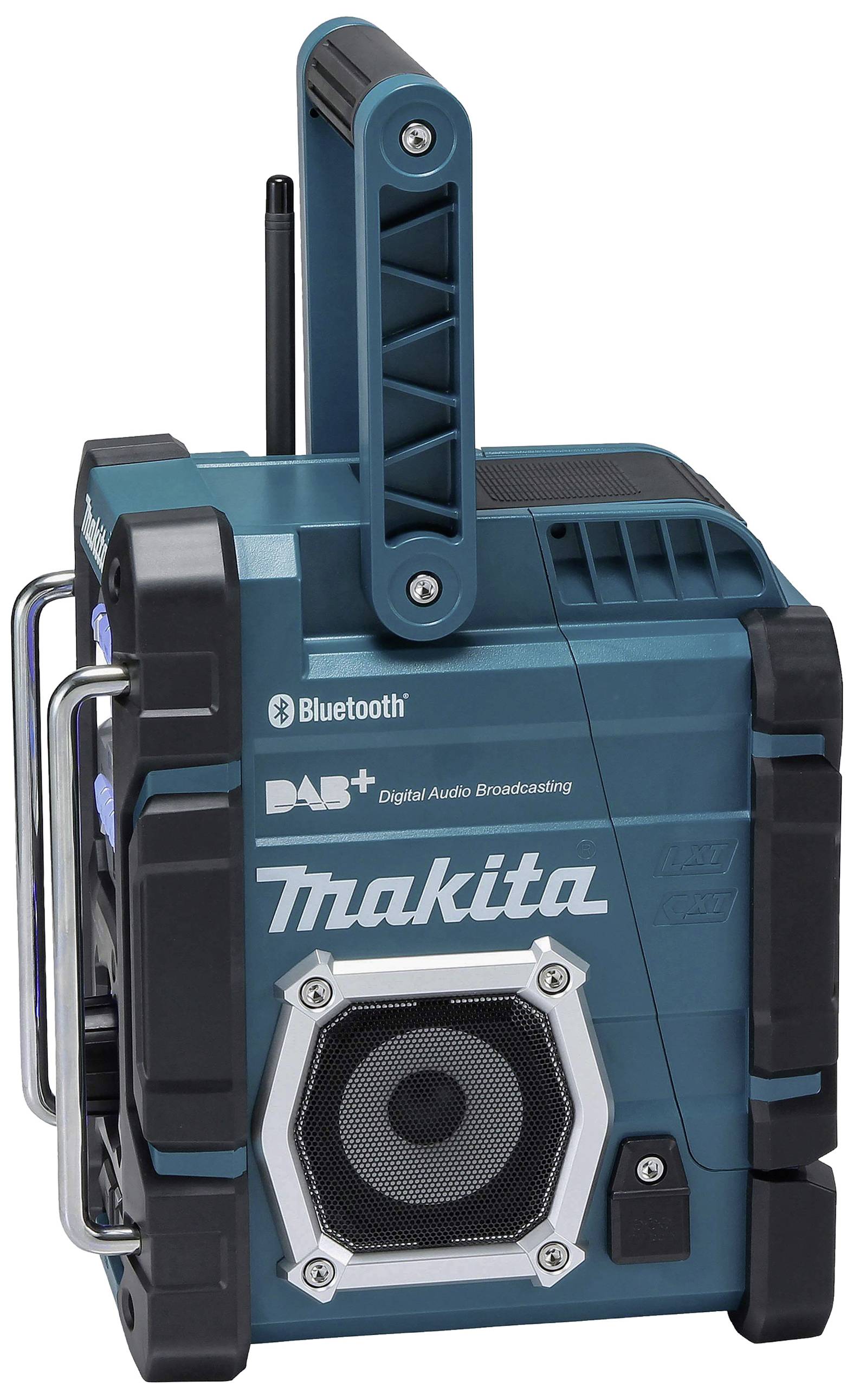 Tragbares, blau-schwarzes Radio mit Bluetooth und DAB+ Funktion von Makita. Hat einen Griff und eine robuste Bauweise.