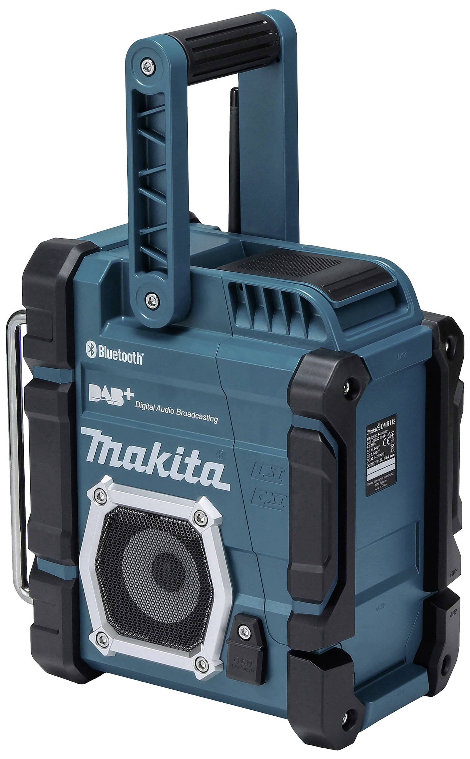 Ein tragbares, blaues Baustellenradio mit Bluetooth und DAB+, robust gebaut, hat einen Griff oben und schwarze Schutzpolster an den Ecken.