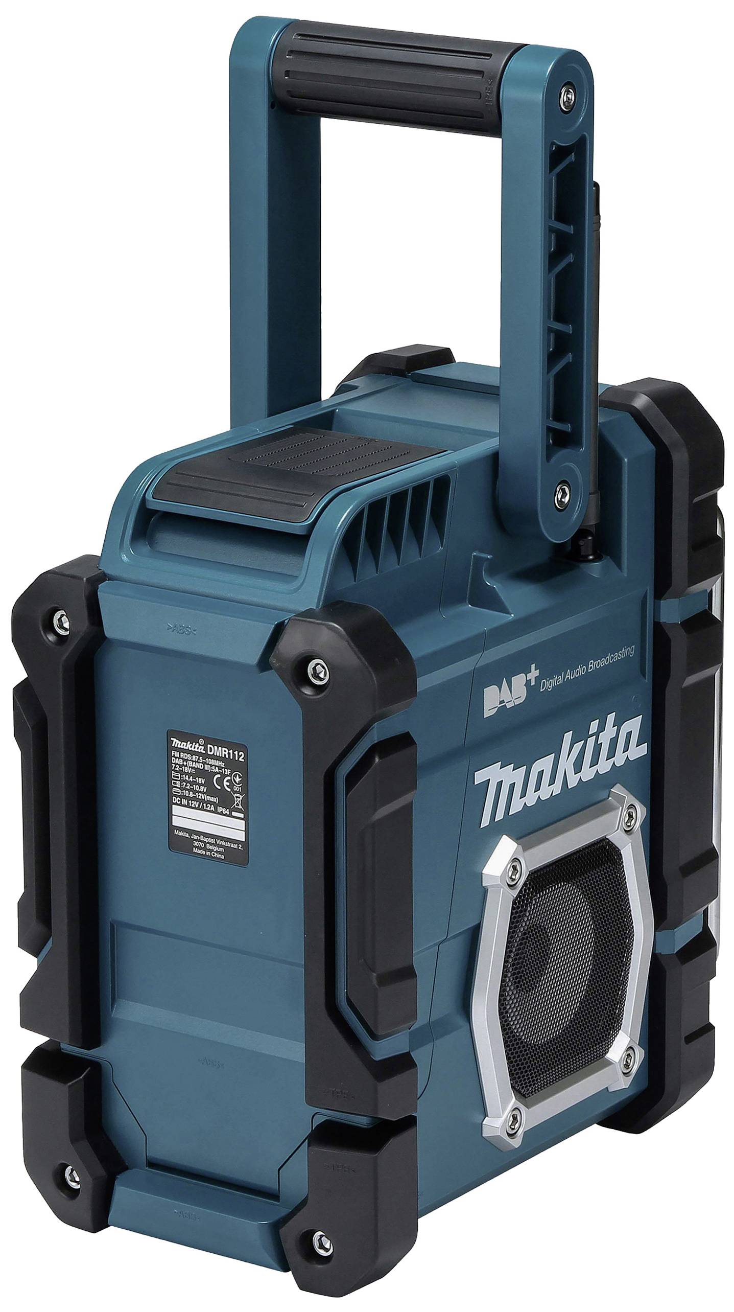 Tragbares Makita-Radio mit robustem Gehäuse, schwarzem Lautsprechergitter und großem Tragegriff.