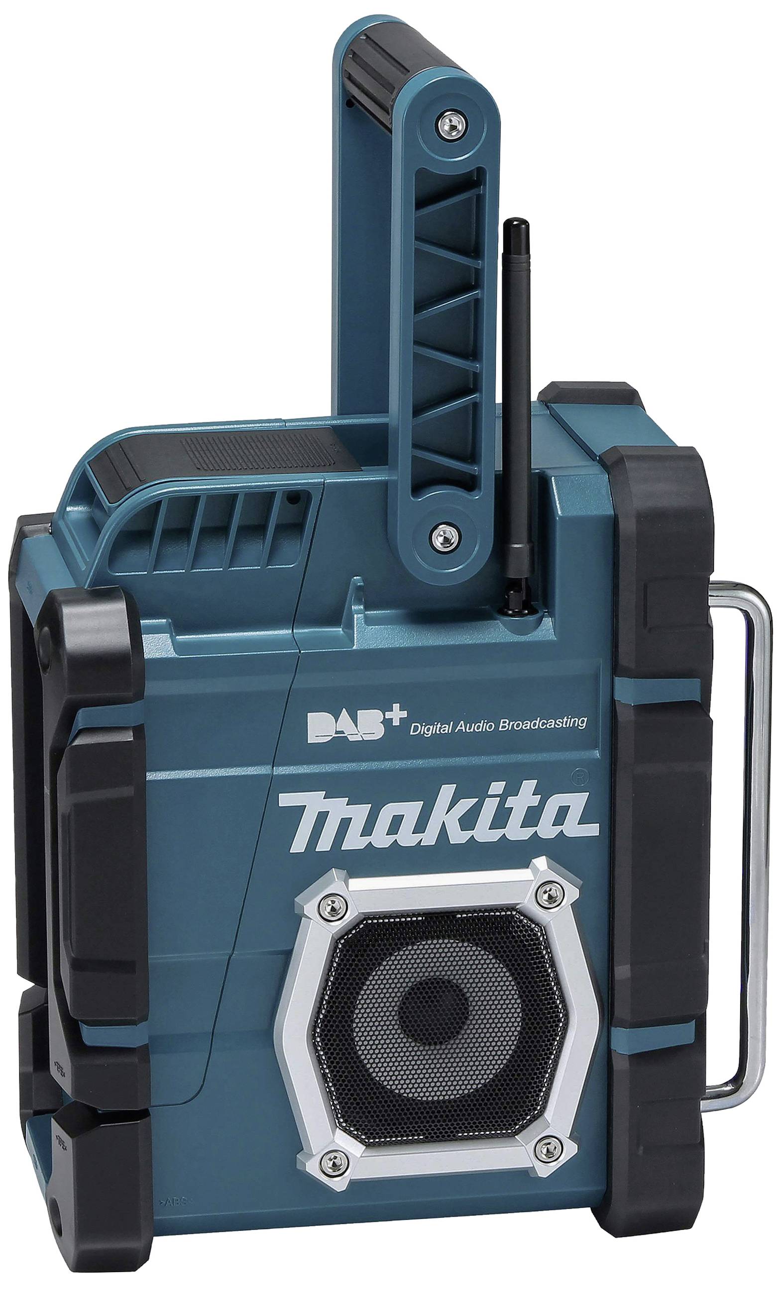 Tragbares, blaues Makita-Radio mit integriertem Lautsprecher und Antenne, geeignet für Baustellen.