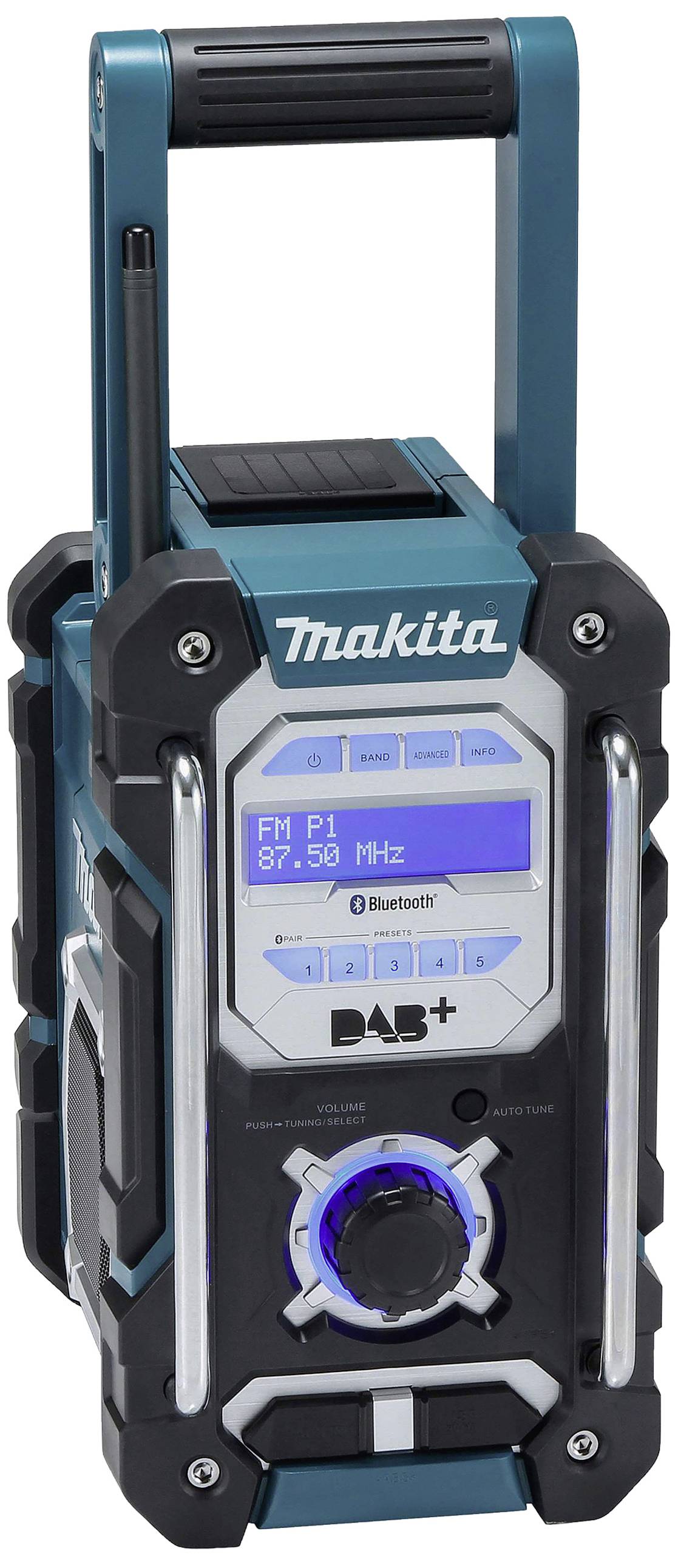Ein tragbares Makita-Radio in Blau mit Bluetooth und FM-Anzeige. Das Display zeigt 'FM P1 87.50 MHz'.