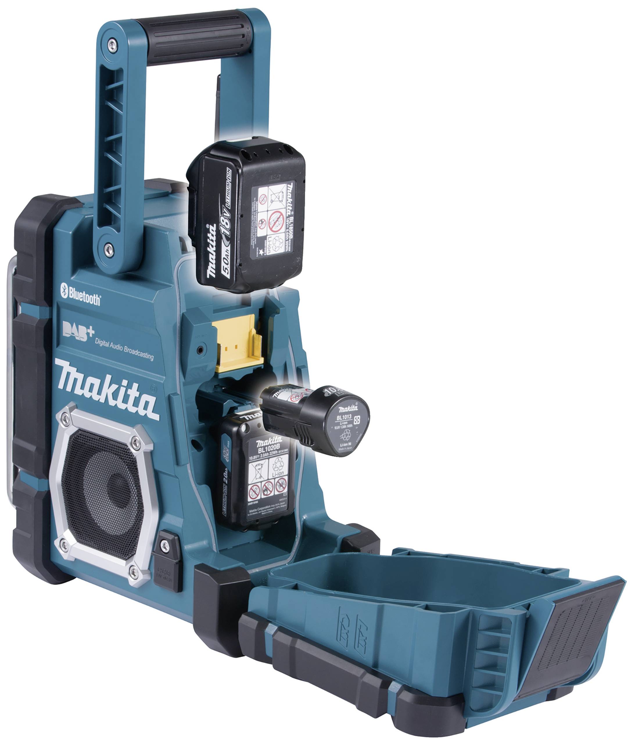 'Makita' Baustellenradio in Türkis mit Batterieaufnahme, Lautsprecher und Bluetooth-Logo, geeignet für den Einsatz auf Baustellen.