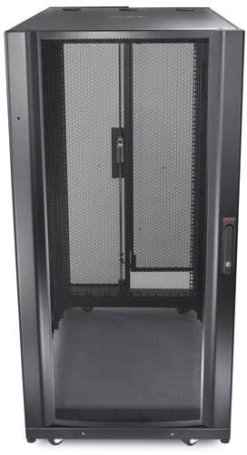 Ein schwarzer Server-Rackschrank mit Glastüren. Diese Schränke bieten Platz für IT-Ausrüstung und sorgen für eine effiziente Kabelorganisation.