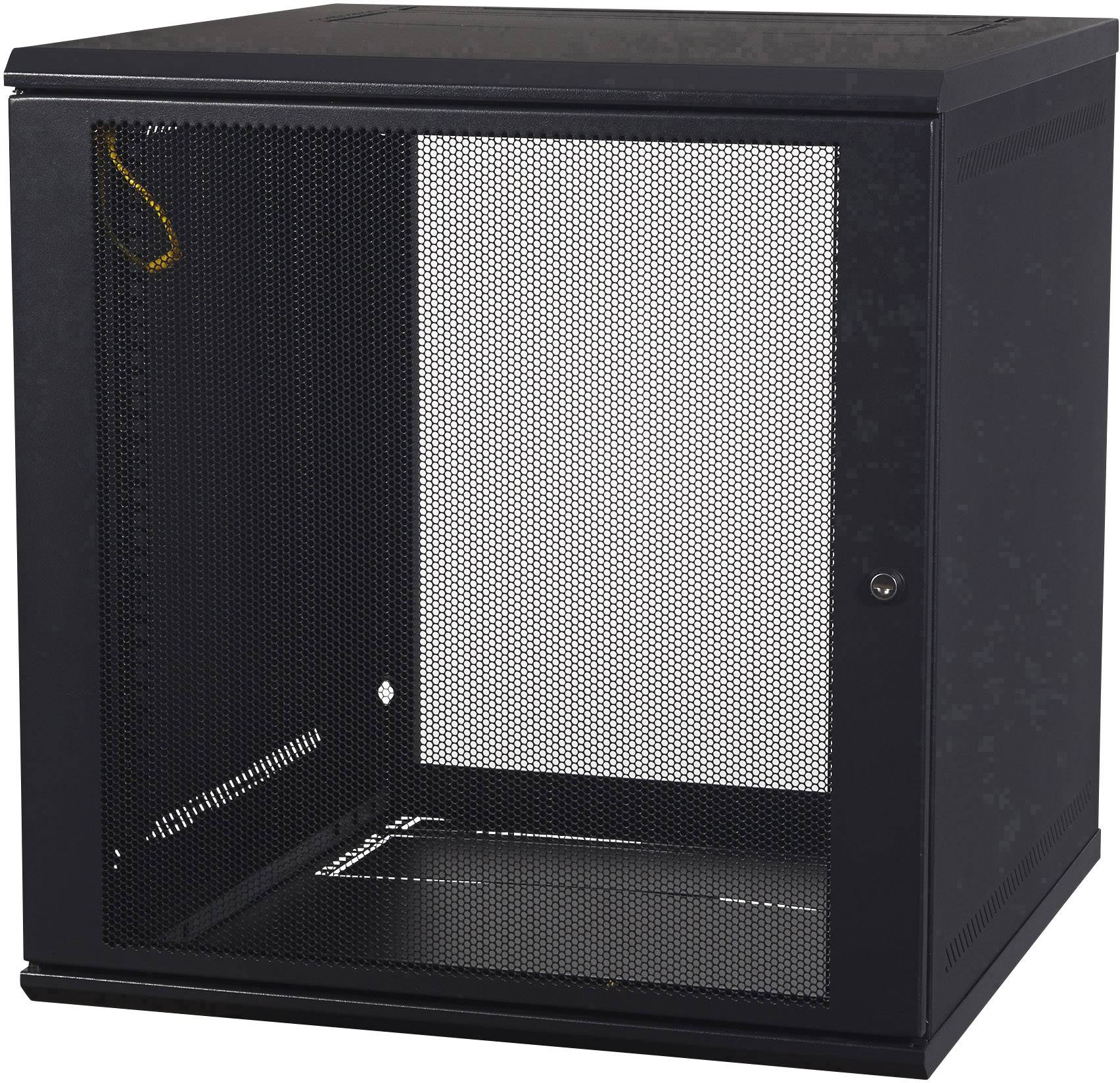 Ein schwarzer Server-Wandschrank mit Netzgittertür, geeignet zur sicheren Aufbewahrung von Netzwerkgeräten, an der Wand montierbar.