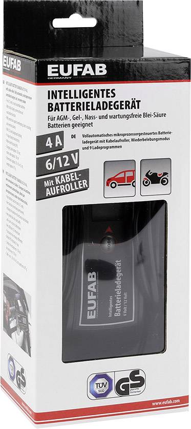 Verpackung eines EUFAB intelligenten Batterieladegeräts, geeignet für 6/12V AGM-, Gel- und Blei-Säure-Batterien. Enthält Kabelaufroller.