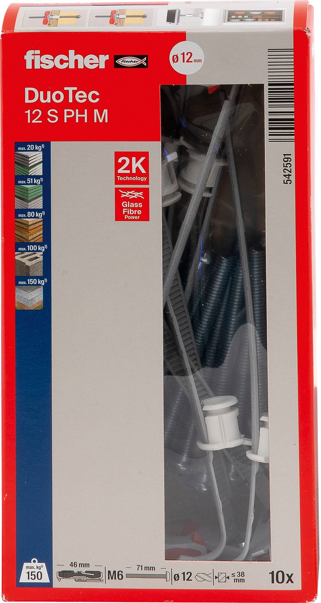 Dübel-Paket 'Fischer DuoTec 12 S PH M', 10 Stück, inklusive Schrauben. Kompatibel mit verschiedenen Wandmaterialien, trägt bis zu 20 kg.