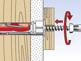 Illustration eines Dübels, der in eine Wand eingeschraubt wird. Zeigt Details der Verankerung im Holz mit rotem Drehpfeil als Anleitung.