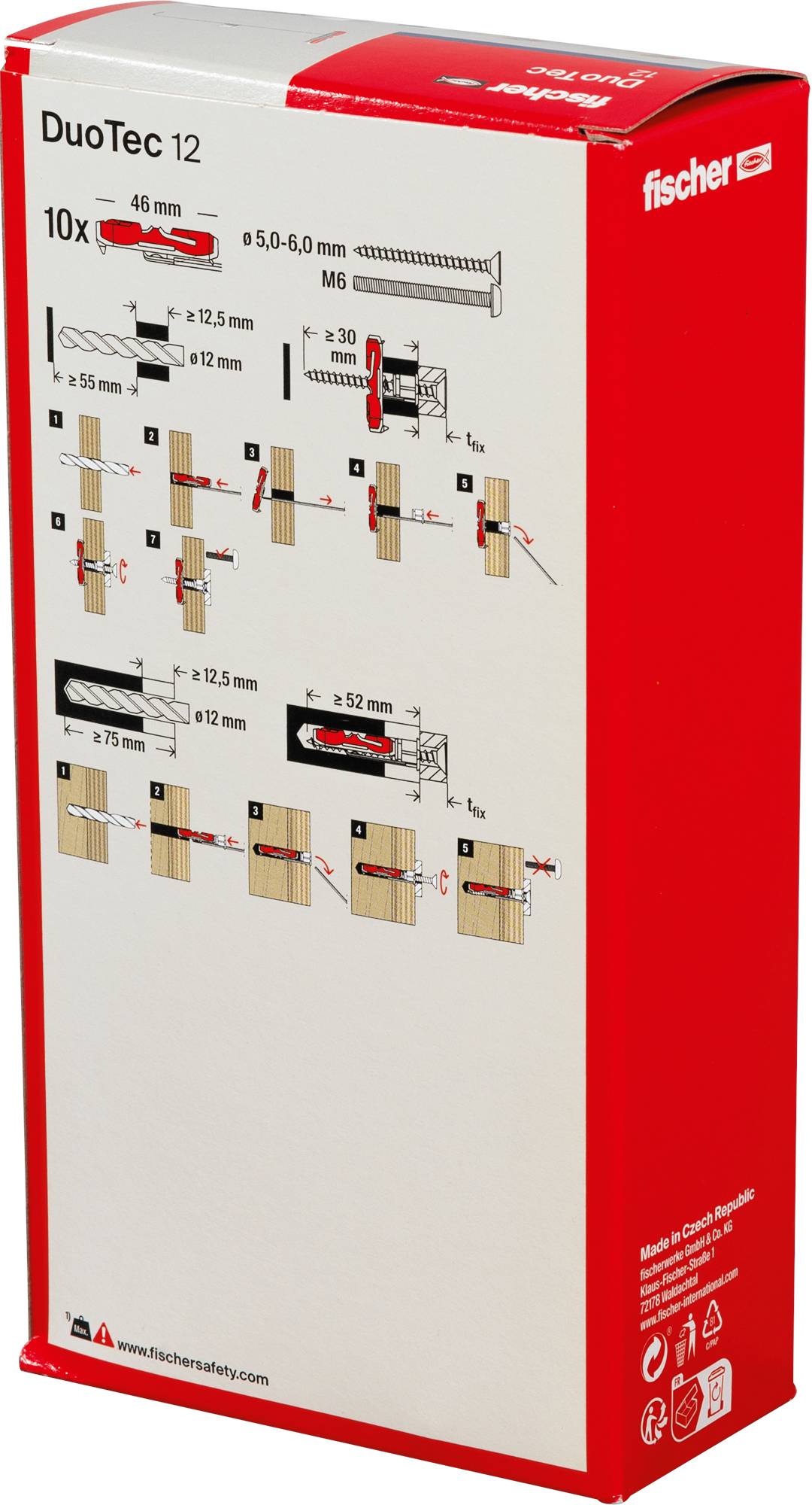 Auf einer Abbildung auf einer Schachtel werden Schritt-für-Schritt-Installationsanweisungen für DuoTec 12 Wanddübel mit Diagrammen von Werkzeugen und Maßen gezeigt.