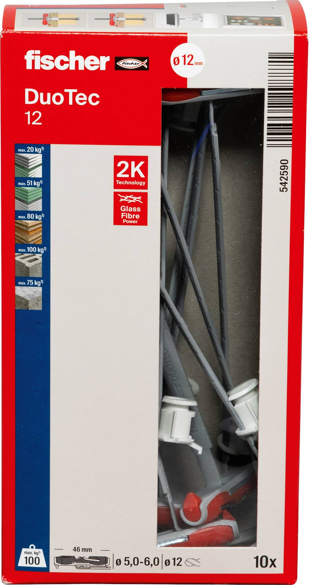 Fischer DuoTec 12 Wanddübel Box, mit Produktabbildung und wichtigen Informationen, einschließlich Tragfähigkeiten im Bereich von 20 kg bis 75 kg.