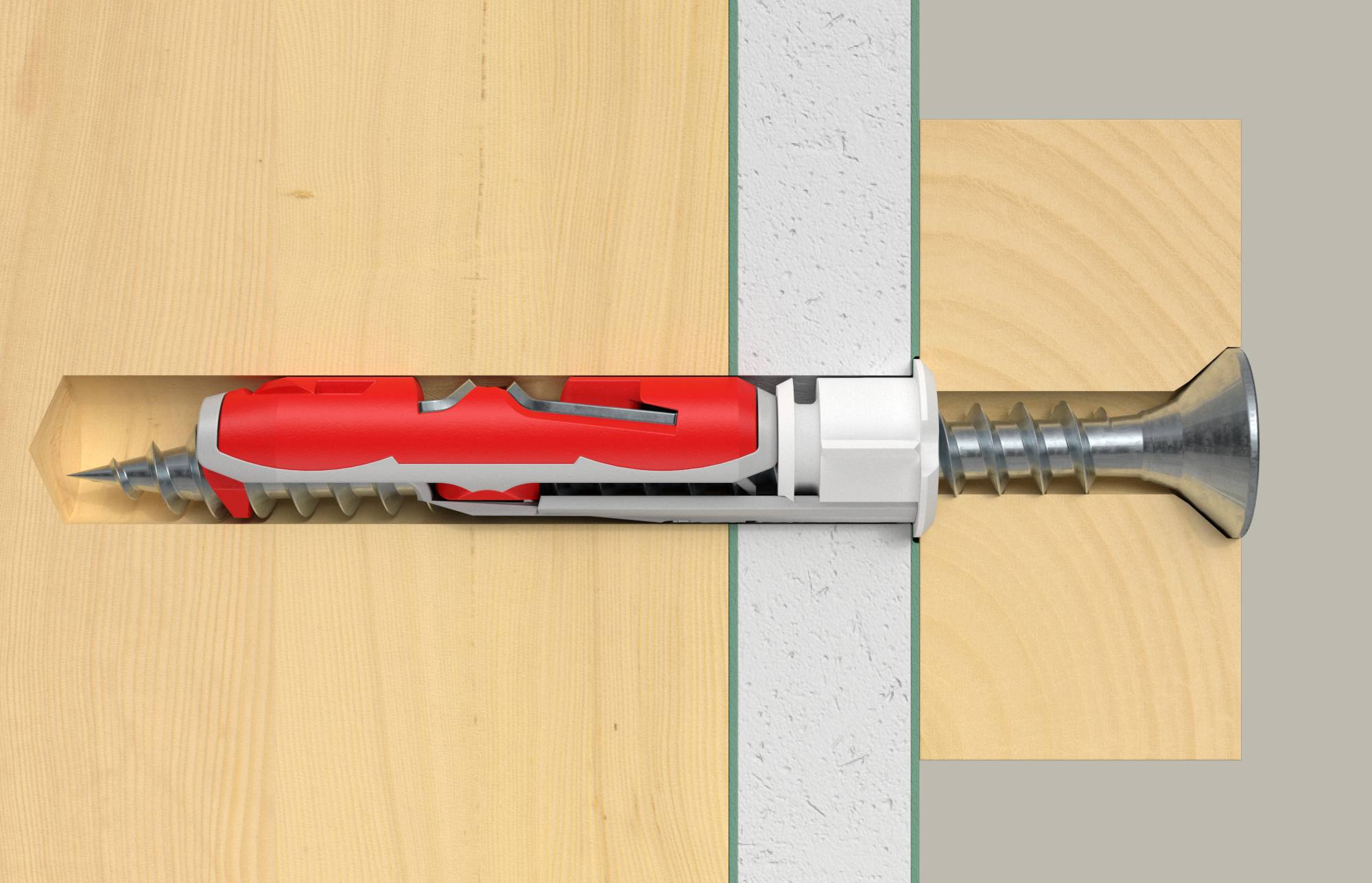 Querschnittsdarstellung eines Wandankers in einer Holzwand, die seine Komponenten zeigt: Metallschraube, roter Kunststoff-Expansionsteil und Einführungsposition.