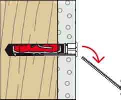 Diagramm, das einen Wandanker im Querschnitt in Holz zeigt. Ein roter Pfeil zeigt eine Expansionsbewegung des Ankers in der Wand an.