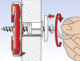 Illustration zeigt, wie eine Schraube und Dübel korrekt in eine Wand eingesetzt werden. Eine Hand dreht den Dübel mit einem Schraubenzieher.