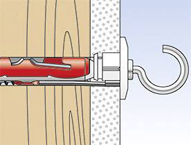 Illustration eines Wandhakens mit Dübel; zeigt die korrekte Installation. Der Haken ist in einer Wand mit einem roten Dübel befestigt.