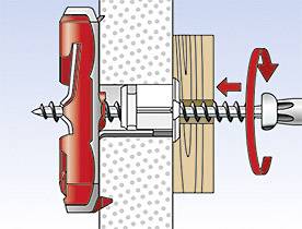 Illustration eines Dübelsystems: Schraubenmontage durch eine Wand in ein Holzbrett. Bohrer zeigt Pfeile für Drehrichtung.