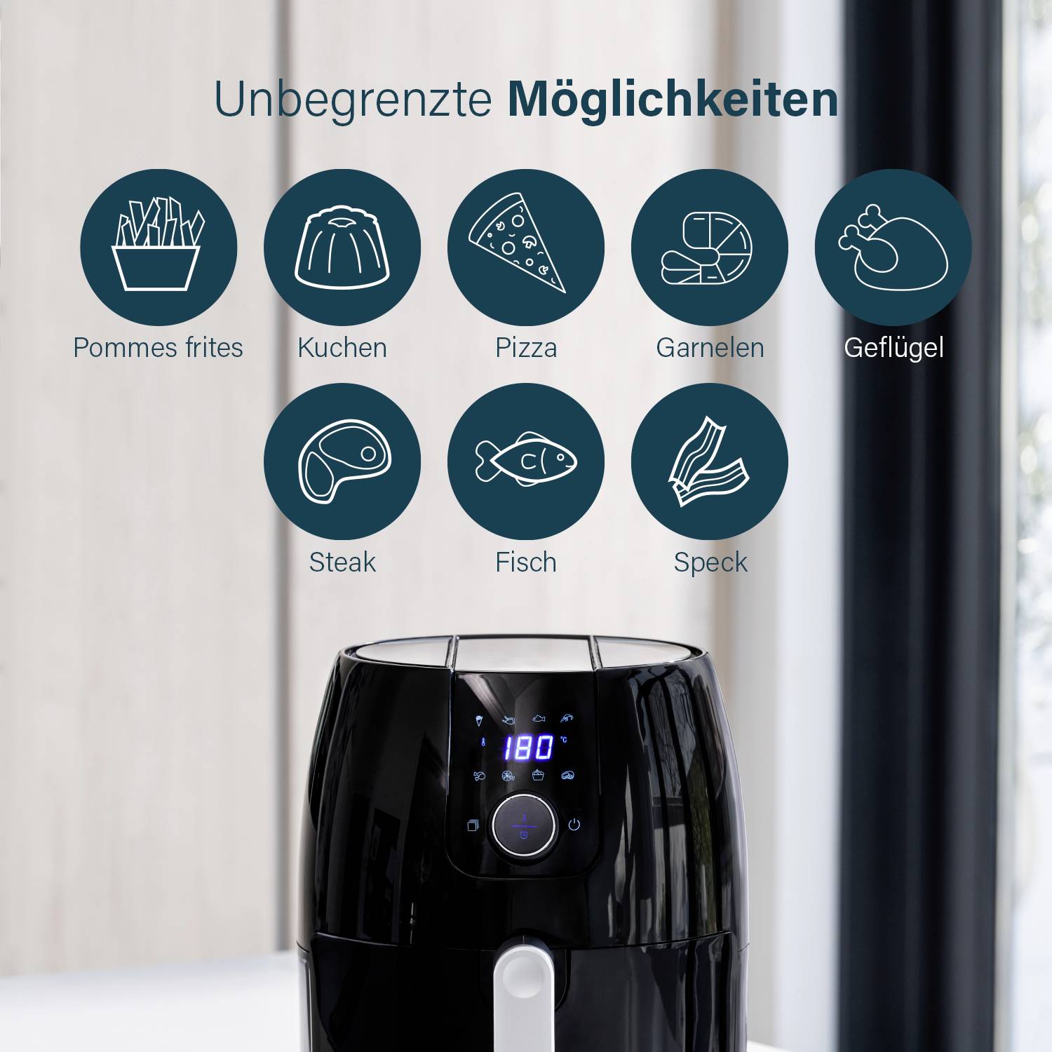 Eine Heißluftfritteuse auf einer Küchenarbeitsplatte, umgeben von Icons mit Texten: 'Pommes frites', 'Kuchen', 'Pizza', 'Garnelen', 'Steak', 'Fisch', 'Speck', 'Geflügel'.