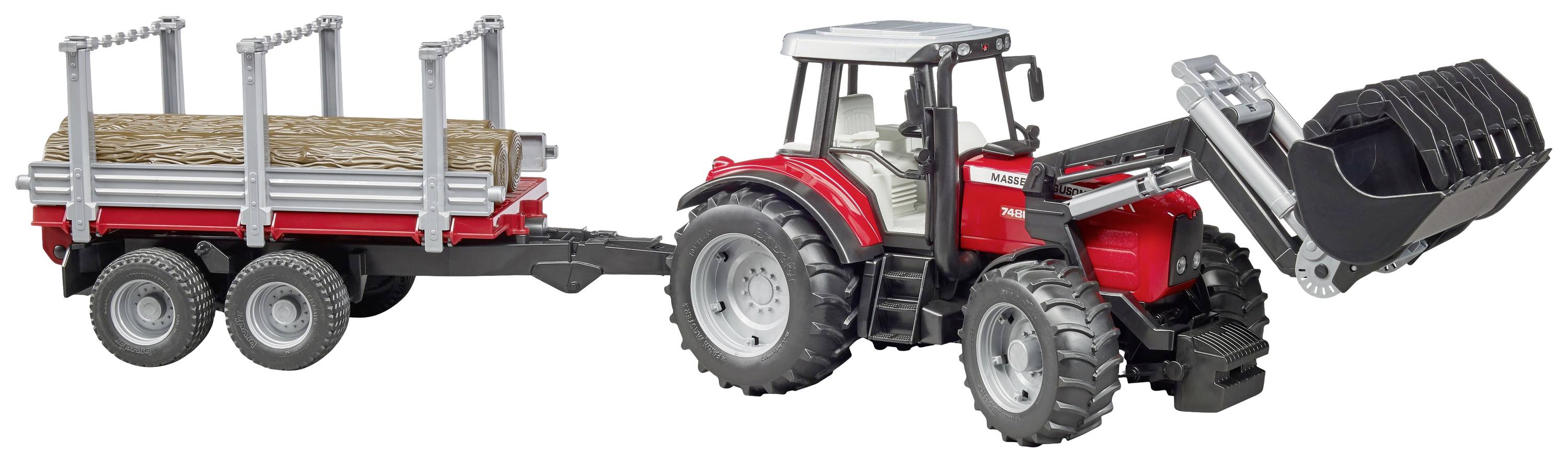 Roter Spielzeugtraktor mit Anhänger, der Baumstämme transportiert. Baggerarm hebt eine Schaufel.