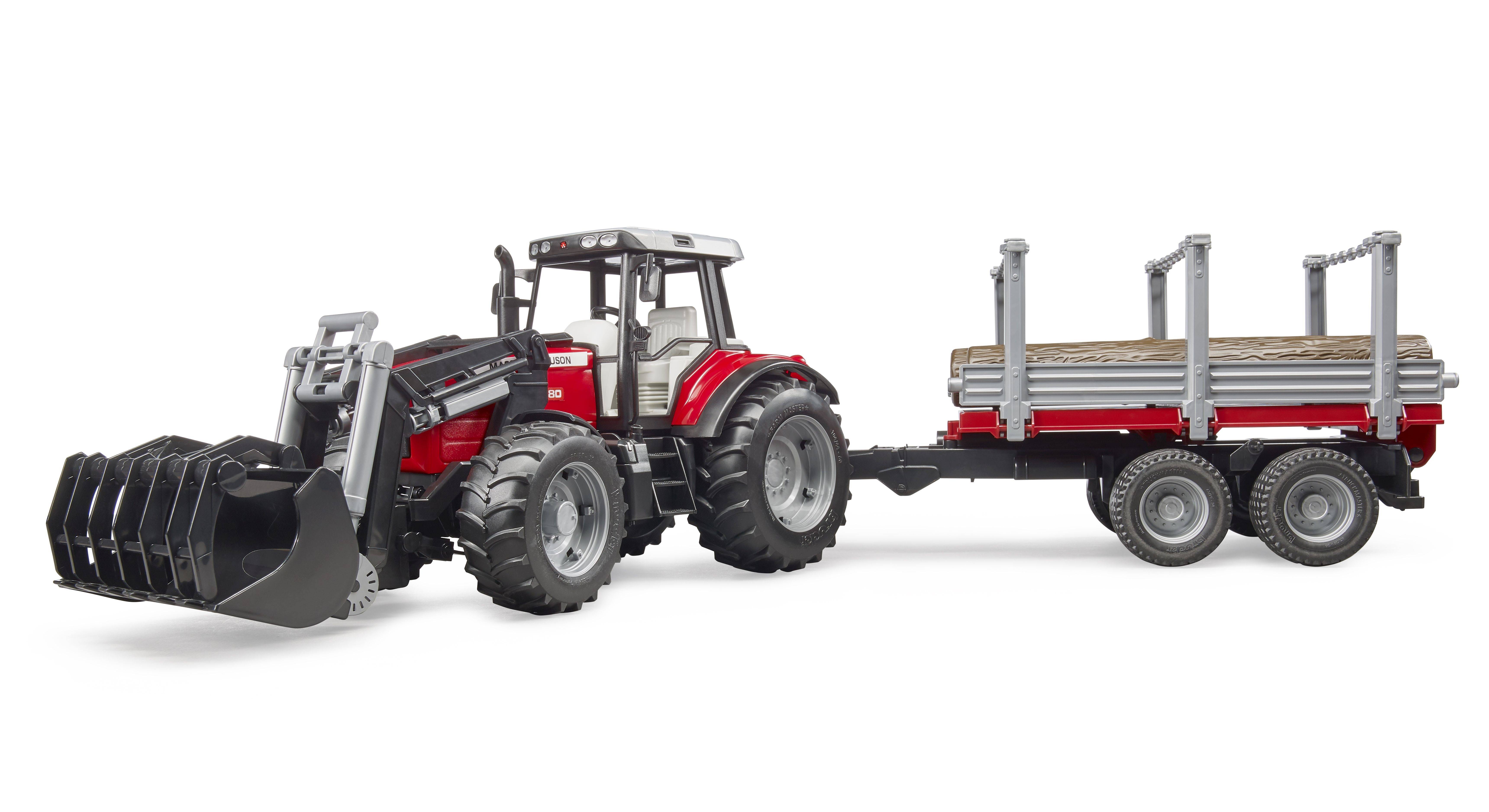 Bruder Landwirtschafts Modell Massey Ferguson Mit Frontlader und Holztransportanhäger Fertigmodell Traktor Modell