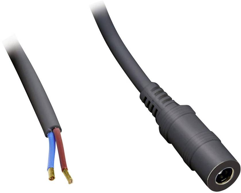 Grauer Audiokabeladapter mit einer Klinkenbuchse auf der einen und zwei abisolierten Leitungsenden auf der anderen Seite.