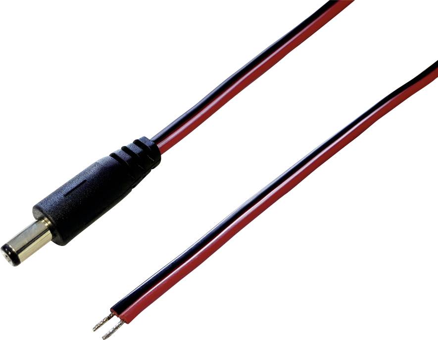Schwarzes DC-Stecker-Kabel mit offenen roten und schwarzen Enden. Geeignet zur Stromversorgung elektronischer Geräte.