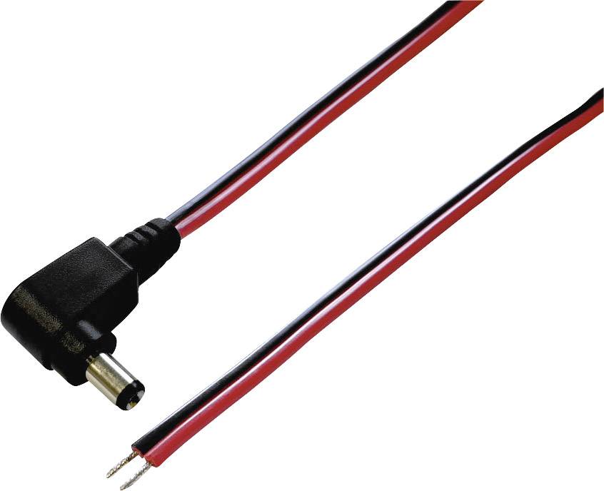 Ein schwarzes und rotes Stromkabel mit einem Steckverbinder und offenen Enden, geeignet für elektrische Geräteanschlüsse.