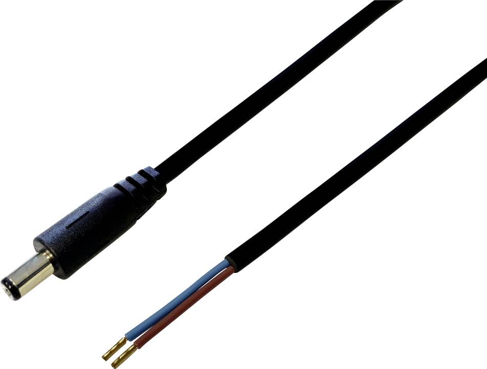 Schwarzes Stromkabel mit einem Ende als Hohlstecker und dem anderen mit freiliegenden roten und blauen Drähten für elektrotechnische Verbindungen.