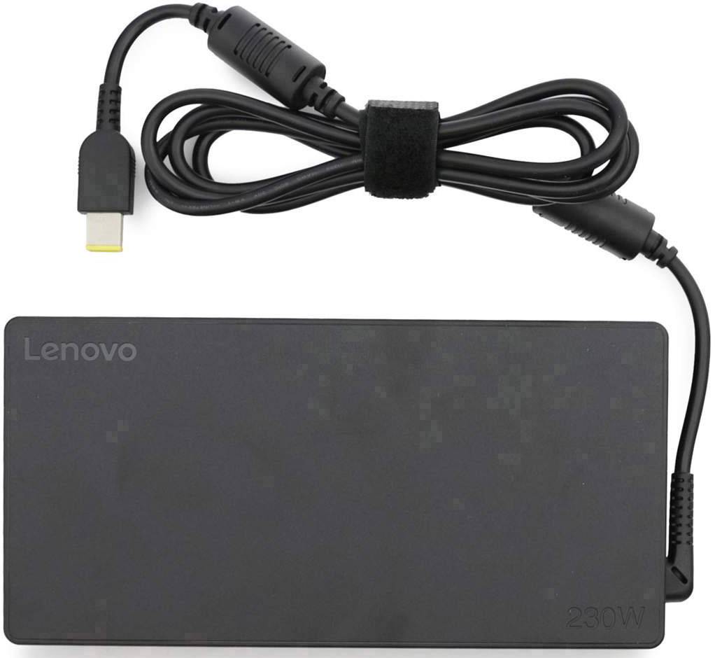 Schwarzes Lenovo-Netzteil mit 230W Leistung, angeschlossenes Kabel oben aufgewickelt.