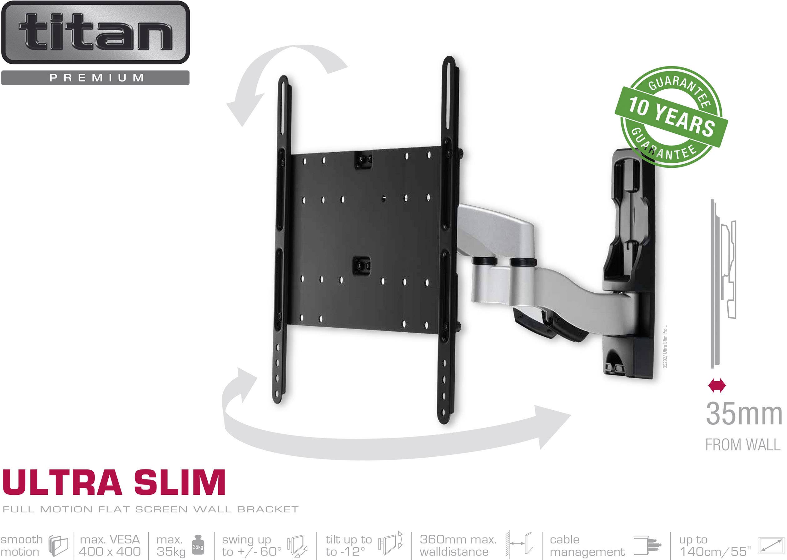 Vivanco ULTRA SLIM PRO L TV-Wandhalterung 101,6 cm (40") - 139,7 cm (55") Neigbar+Schwenkbar, Ausziehbar