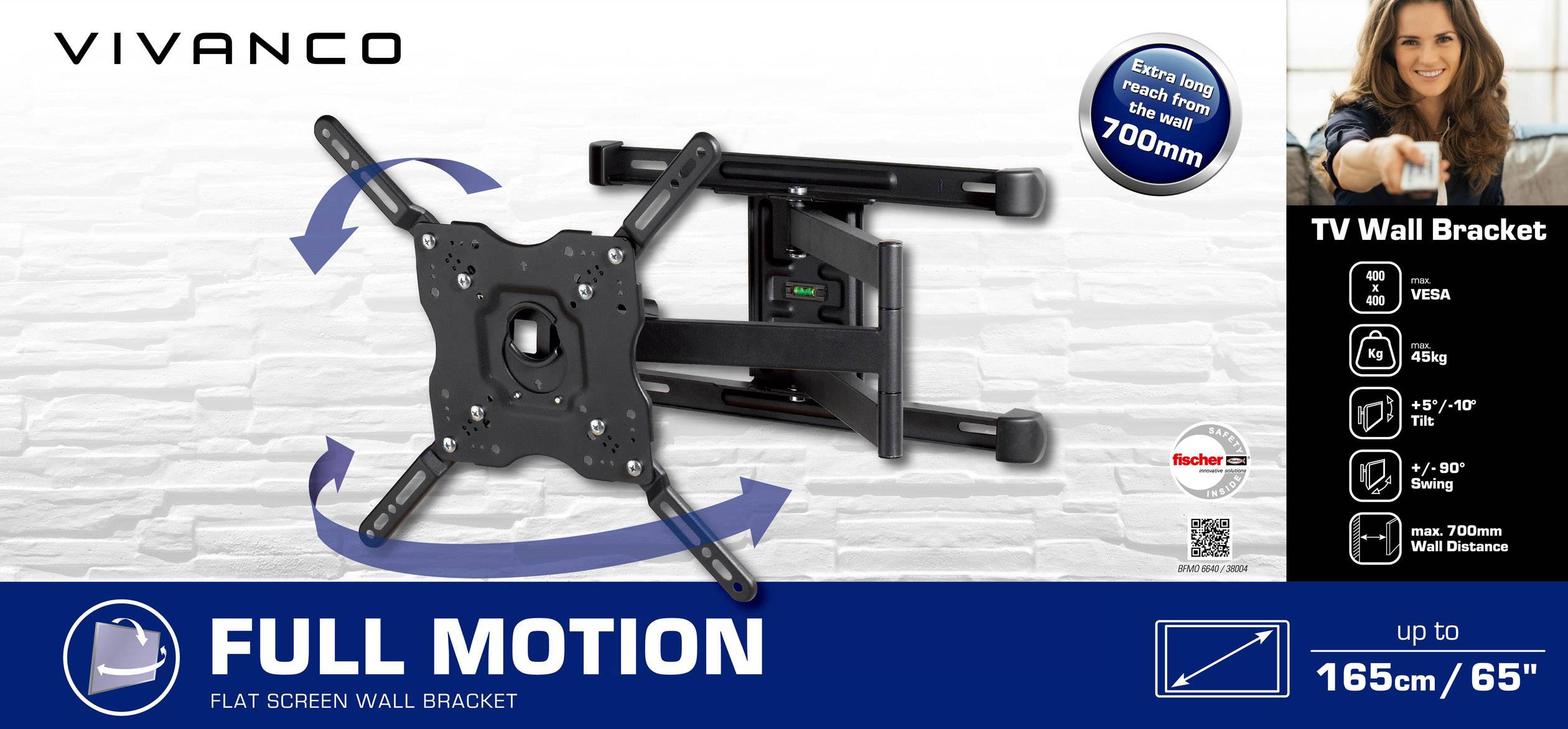 Vivanco BFMO 6640 TV-Wandhalterung Schwenkbar, Neigbar, Ausziehbar, Geeignet für Curved-TV's, Variabler Wandabstand 101,6 cm (40") - 165,1 cm (65")