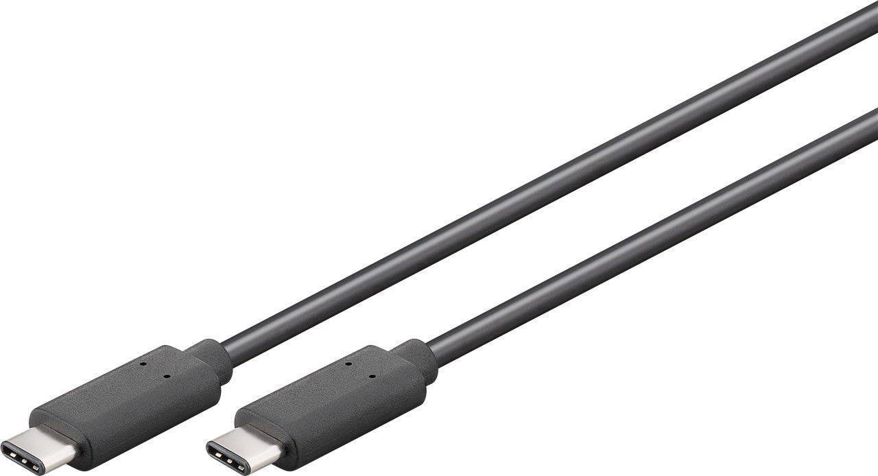 Ein schwarzes USB-C-Kabel mit Stecker an beiden Enden, geeignet für Datenübertragung oder Laden von Geräten.