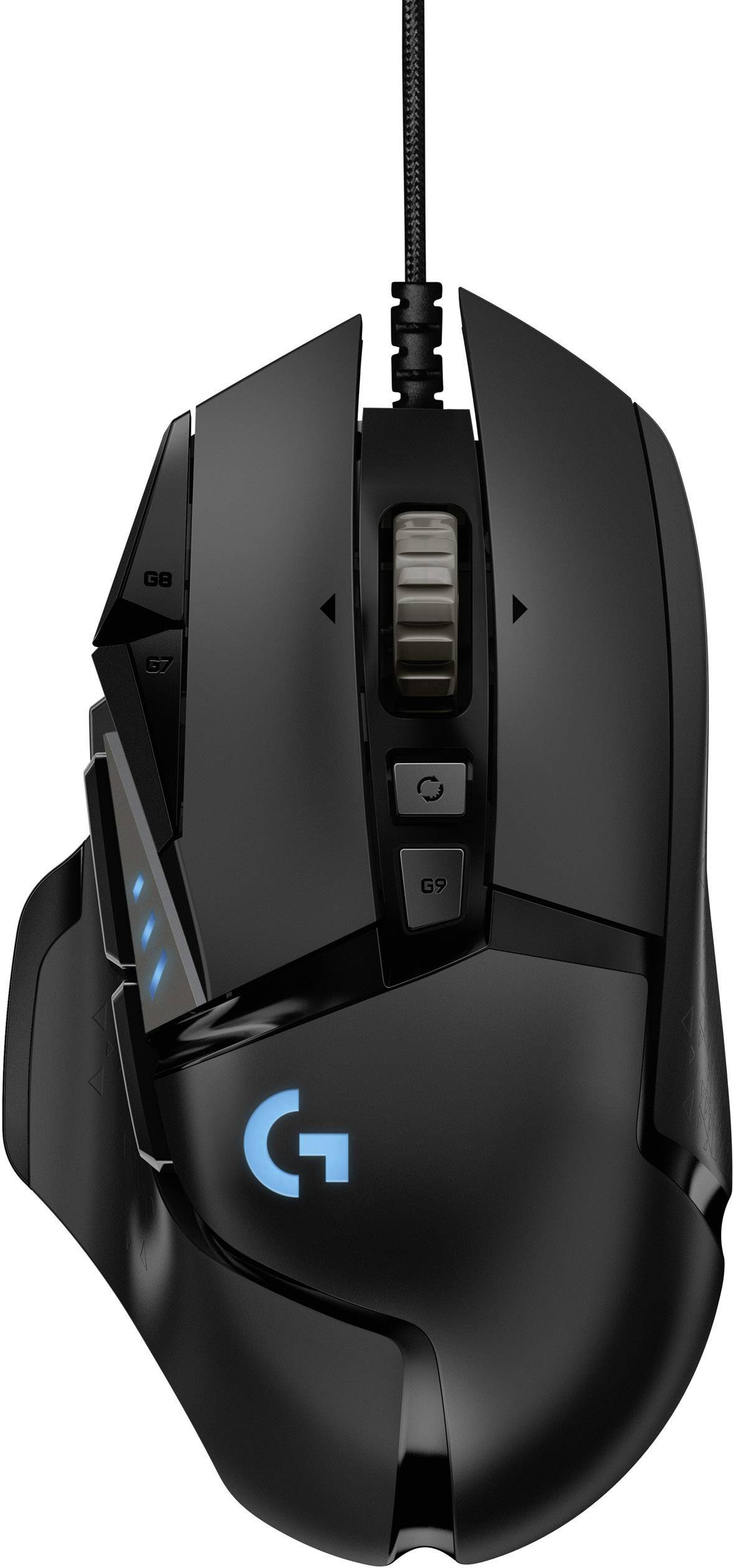 Schwarze Gaming-Maus mit blauen Lichtelementen, mehreren seitlichen Tasten und einem Scrollrad in der Mitte.