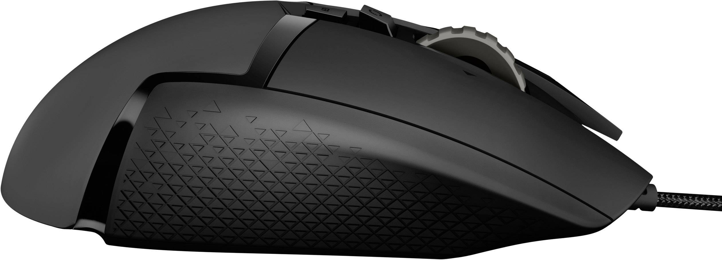 Schwarze Computermaus mit Kabel, Seitenansicht. Ergonomisches Design mit strukturierter Oberfläche und beleuchtetem Scrollrad.