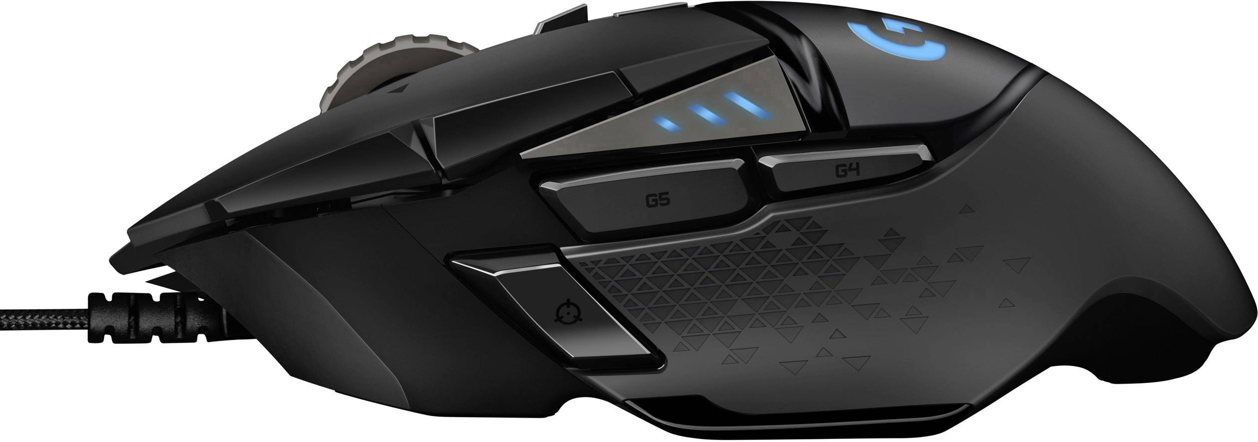 Schwarze Gaming-Maus mit mehreren seitlichen Tasten und blauer leuchtender Akzentbeleuchtung.