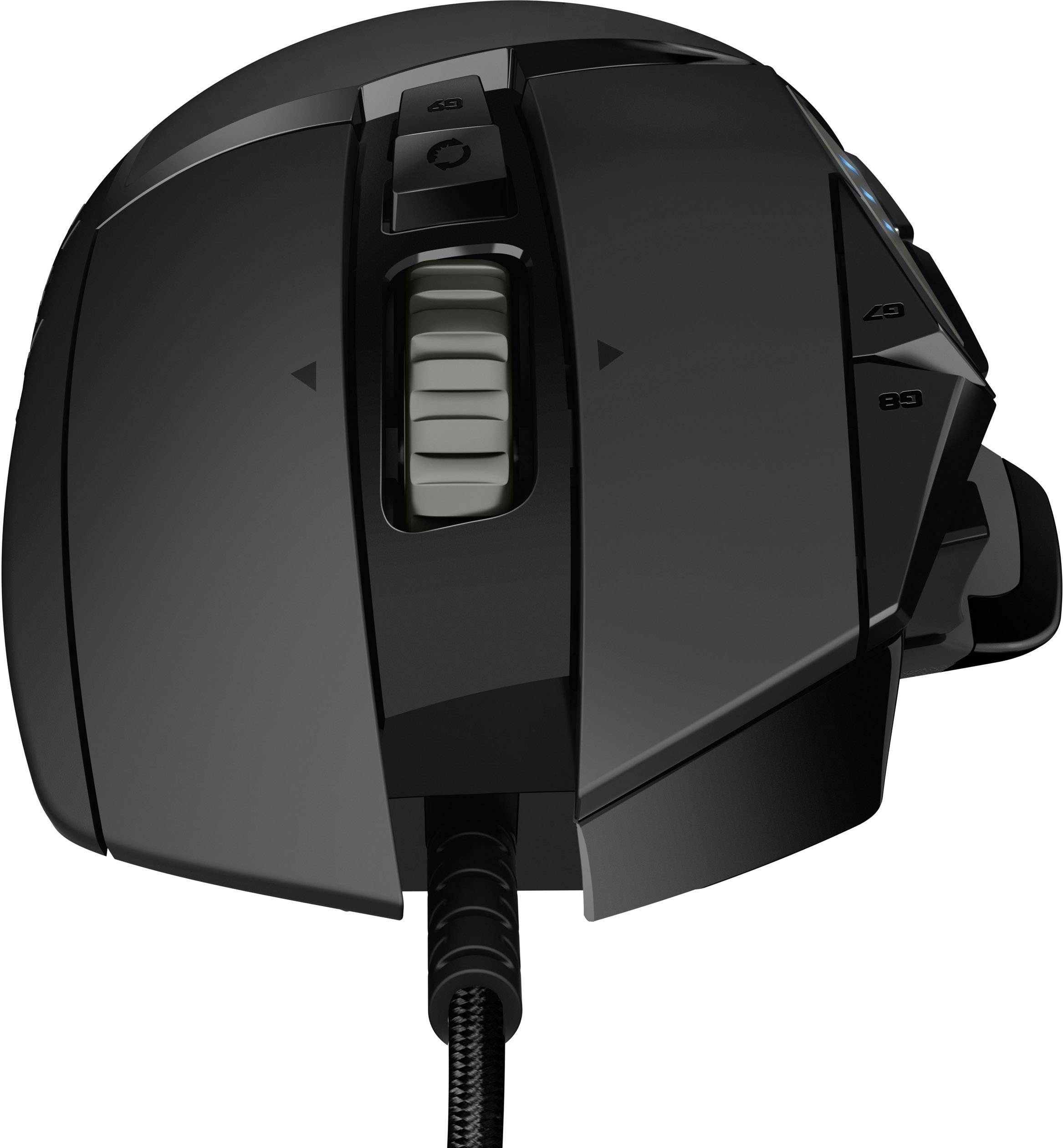 Schwarze Gaming-Maus mit mehreren Tasten und einem beleuchteten Scrollrad, ergonomisches Design mit einem geflochtenen Kabel.