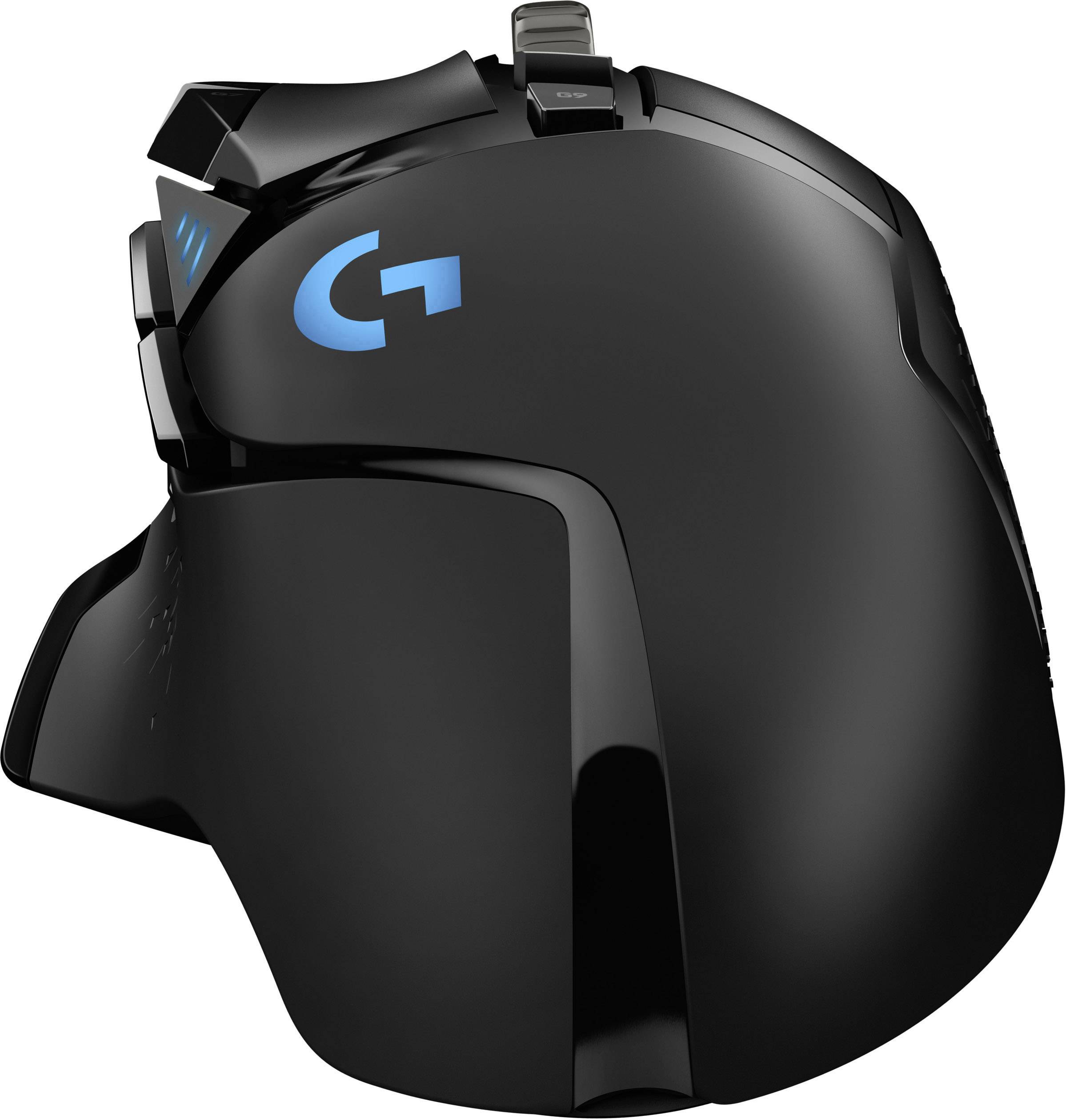 Schwarze ergonomische Gaming-Maus mit blauen LED-Details und vielen Tasten, bietet präzise Steuerung für Computerspiele.