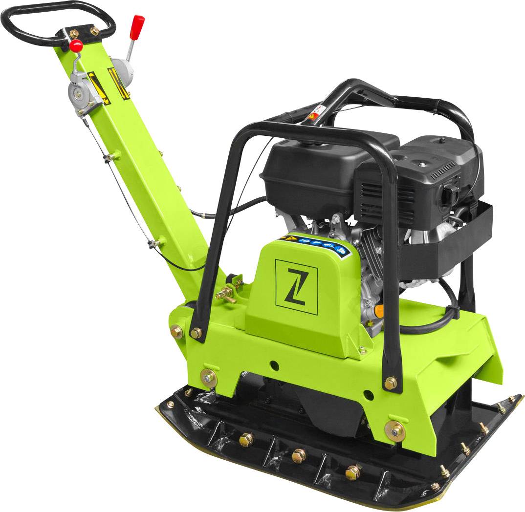 Grüne Rüttelplatte mit schwarzem Motor und Handgriff, verwendet zum Verdichten von Boden oder Asphalt, auf weißem Hintergrund.