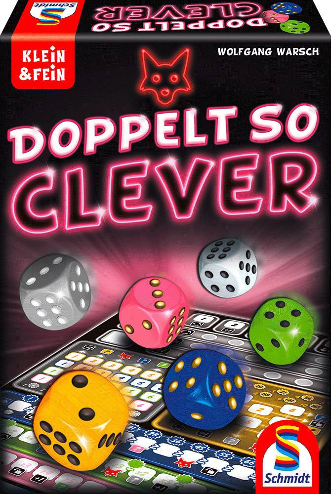 Schachtel eines Würfelspiels namens 'Doppelt so Clever' mit bunten Würfeln und einem Spielfeldmuster auf dem Cover.