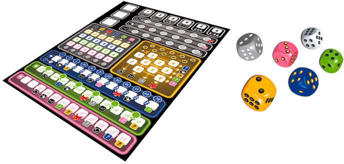 'Ganz schön clever' Spielbrett und bunte Würfel. Brett zeigt verschiedene Kategorien für Punktezahlen. Fünf Würfel in verschiedenen Farben.