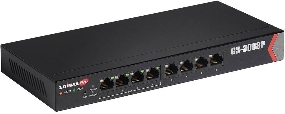 Ein schwarzer Netzwerk-Switch mit acht Ethernet-Ports, Modell 'GS-3008P'. LED-Anzeigen zeigen Verbindungs- und Aktivitätsstatus.