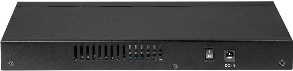 Schwarzes elektronisches Gerät mit Lüftungsschlitzen, Netzschalter und DC-Eingang auf der Rückseite. Batteriebetriebener Anschluss erkennbar.