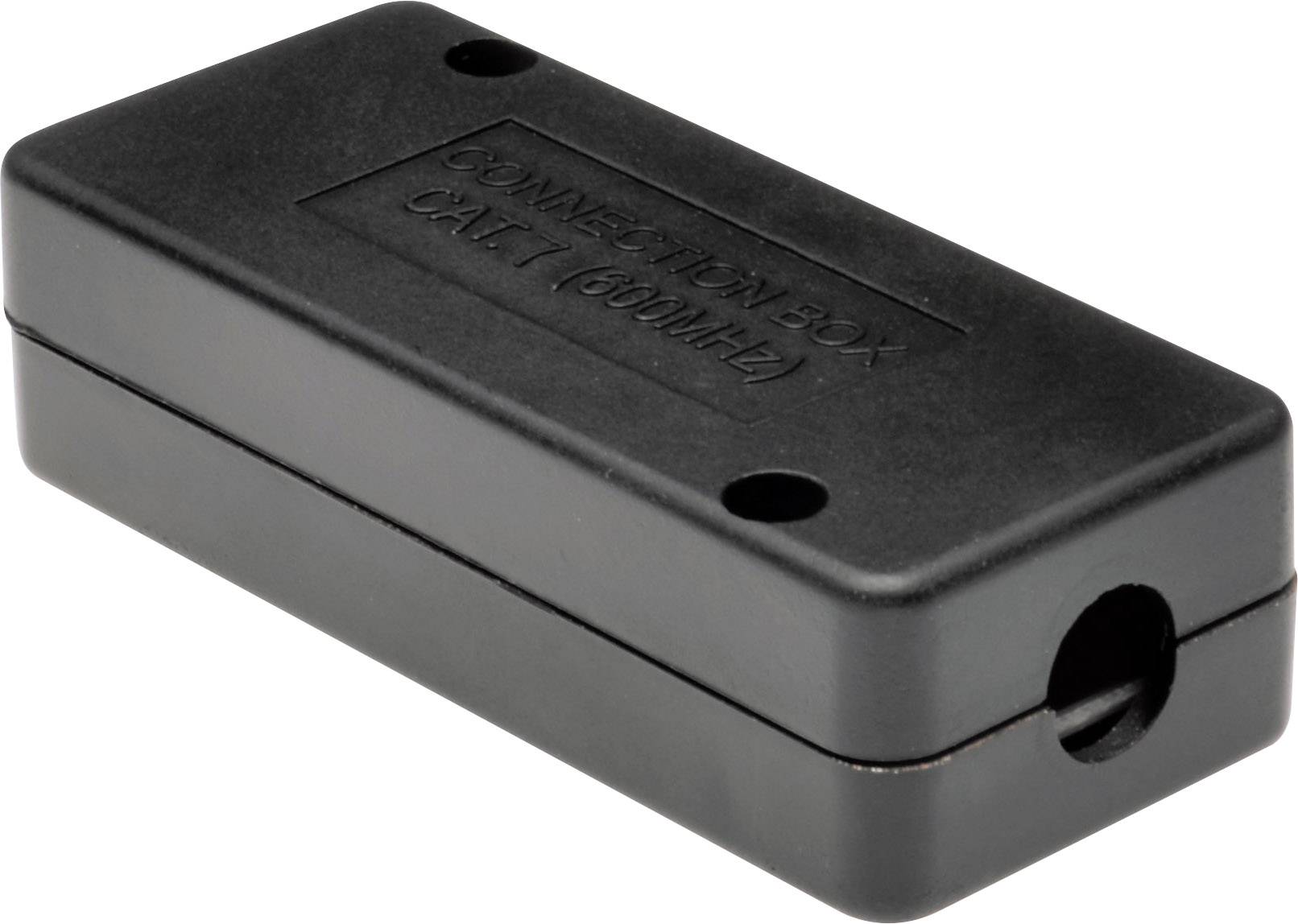 Eine schwarze Anschlussdose mit der Aufschrift 'Connection Box C-KIT (600 MHz)'. Sie hat Löcher für Kabelverbindungen auf beiden Seiten.