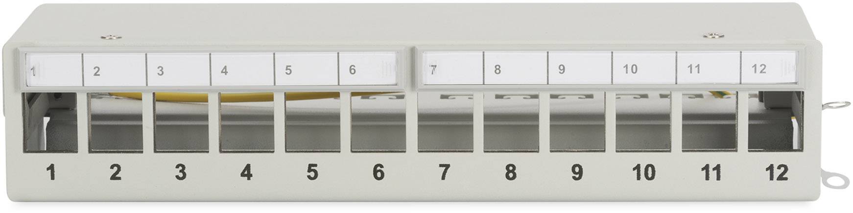 Ein leerer Patchpanel mit 12 nummerierten Anschlüssen. Anschluss 9 hat ein gelbes Kabel eingesteckt.